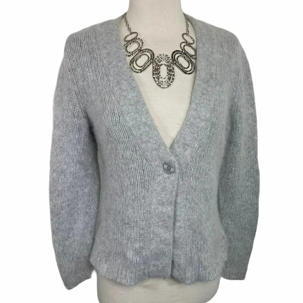 Sarah Spencer Cardigan Sweater Medium Gray Angora Lambswool Blend V-Neck Fuzzy